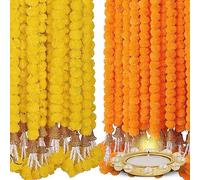 Home Buy Artificial Genda Phool for Decoration Flowers for Decoration Garland with Bell for Diwali & Festivals | 5 Feet Long 10 Pcs with 2 Diya (Orange+ Yellow) (Bell Y+O)