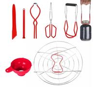 Home Canning Kit Tools Set, 7 Pieces Anti-Scald Clamp Canning Supplies Kits with Canning Jar Lifter Tongs, Can Opener, Canning Jar Rack, Food Clamp, Bubble Popper, Jar Lifter, Canning Funnel, Red