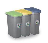 Home Centre Set of Three 25L Lift Top Lid Waste Bins Plastic Kitchen School Slim Recycling General Trash & Storage Recycled Rubbish Organiser Container Quality Made in Italy