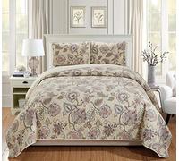 Home Collection 3pc Full/Queen Bedspread Quilt Set Floral Beige Pink Blue Taupe Green Flowers Leaves Over Size New
