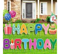 HOME COMPOSER 16Pcs Happy Birthday Yard Signs with Stakes -15" Colorful Large Letters Birthday Yard Lawn Decorations with 3 Real Balloons and a Whiteboard, All Weather Birthday Lawn Sign for Yard