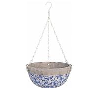 Home Deco London Aged Glazed Ceramic Blue & White Pattern Garden Collection Rustic (Ceramic Hanging Basket)