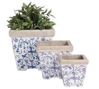 Home Deco London Aged Glazed Ceramic Blue & White Pattern Garden Collection Rustic (Set of 3 Ceramic Pots)