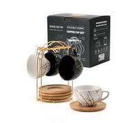 HOME DECOR Ceramic Cappuccino Cups Set of 4, 220ml Stackable Cappuccino Mugs and Saucer with Metal Stand for Coffee Lover, Cappuccino, Latte, Americano and Tea -Black&White