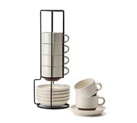 HOME DECOR Espresso Cups Set - Reactive Glaze Process - 6 x 140 ml Coffee Cups with Saucer & Stand - Elegant Ceramic Cups for Espresso, Coffee and Latte - Reactive White