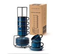 HOME DECOR Espresso Cups Set - Reactive Glaze Process - 6 x 147.8 ml Coffee Cups with Saucer & Stand - Elegant Ceramic Cups for Espresso and Latte - Reactive Glaze Blue