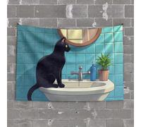 Home Decor for Men A Black Cat Sits On A Bathroom Sink, Gazing Into A Mirror Tapestry Wall Tapestry Funny Kitchen Decor(75X100CM)