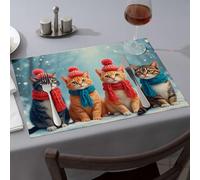 Home Decor Four Cats Wearing Winter Hats And Scarves Dining Place Mats Tablecloth Silicone Mats For Kitchen Counter(6PCS)