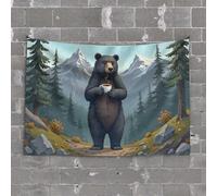 Home Decor Men Grizzly Bear Enjoying A Cozy Cup Of Coffee In The Mountains Tapestry Bedroom Door Decorations Men Decor(100X150CM)