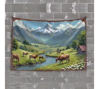 Home Decor Men Pastoral Scene with Cows Grazing by A River in Front of Snow-CAPP Tapestry Wall Decor Aesthetic Wall Decor Aesthetic(100X150CM)