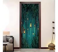 Home Decor Self-Adhesive Door Murals 77x200 cm Fantasy Jungle Night Scene Door Sticker Waterproof Vinyl Film Green Removable Stickers for Home Living Bedroom Kitchen