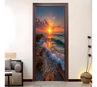 Home Decor Self-Adhesive Door Murals 77x200 cm Sunset Seaside Waves Door Sticker Waterproof Vinyl Film Orange Color Removable Stickers for Home Living Bedroom Kitchen