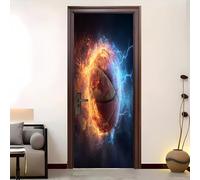 Home Decor Self-Adhesive Door Murals 82x200 cm Flame Football Theme Door Sticker Waterproof Vinyl Film Colorful Removable Stickers for Home Living Bedroom Kitchen