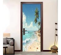 Home Decor Self-Adhesive Door Murals 88x200 cm Tropical Beach Waves Door Sticker Waterproof Vinyl Film Blue Removable Stickers for Home Living Bedroom Kitchen
