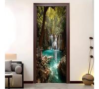 Home Decor Self-Adhesive Door Murals 90x200 cm Jungle Waterfall Plants Door Sticker Waterproof Vinyl Film Green Removable Stickers for Home Living Bedroom Kitchen