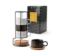 HOME DECOR Stackable Ceramic Coffee Cup -160ml Espresso Cups Set of 4 with Wood Saucers and Metal Stand for Double Espresso, Cappuccino and Latte Macchiato - Striped Collection