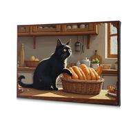 Home Decor Wall A Black Cat Sits By A Basket Of Bread In A Cozy Kitchen. Canvas Decorative Picture Wall Decorations Bathroom Pictures(30x40cm)