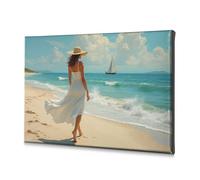 Home Decor Wall A Woman In A White Dress Walks Along The Beach With A Sailboat In The Distance. Canvas Decorative Picture Rustic Home Decor Picture Hanging Kit(30x40cm)