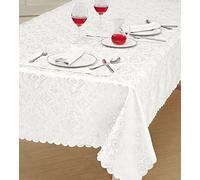 Home Decorative Classic Damask Printed Jacquard Tablecloth Washable Rectangle Round Runner Napkin Table Cover Cloth Protector for Kitchen Picnic (White, 52" x 90" (132x108 cm))