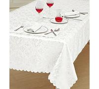 Home Decorative Classic Damask Printed Jacquard Tablecloth Washable Runner Round Rectangle Napkin Table Cover Cloth Protector for Kitchen Picnic (White, Round 70")