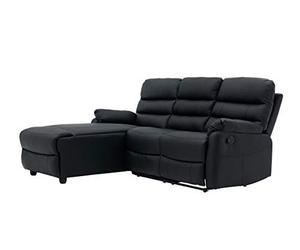 Home Detail Three Seater Corner Chaise Sofa with Recliner Chair Function L Shaped Sofa with Left or Right Side Footstool (Left Chaise, Black Faux Leather)