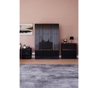 Home Discount Vida Designs Glinton 3 Piece Bedroom Set Storage Furniture (2 Drawer Bedside Chest, 3 Drawer Chest, 3 Door 2 Drawer Wardrobe) in Black Home Discount Black