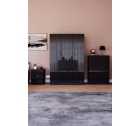 Home Discount Vida Designs Glinton 3 Piece Bedroom Set Storage Furniture (2 Drawer Bedside Chest, 4 Drawer Chest, 3 Door 2 Drawer Wardrobe) in Black Home Discount Black