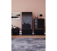 Home Discount Vida Designs Glinton 3 Piece Gloss Bedroom Set Storage Furniture (2 Drawer Bedside Chest, 5 Drawer Chest, 2 Door 2 Drawer Wardrobe) Home Discount Black