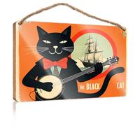 Home Door Hanging A Black Cat in A Suit Plays A Banjo with A Ship in The Background Wooded Sign Funny Office Door Signs Kitchen Signs Wall Decor(23X35CM)