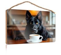 Home Door Hanging A Black Dog with Yellow Eyes Sits at A Table, Pawing at A Cup of Coffee Wooded Sign Signs for Front Door Front Porch Decor(20X30CM)