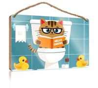 Home Door Hanging A Cat Reading A Book in The Bathroom Bar Signs for Home Bar Room Accessories for Men(15X28CM)