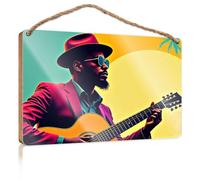 Home Door Hanging A Man in A Hat Playing an Acoustic Guitar Wooded Sign Signs for Front Door Front Porch Decor(23X35CM)