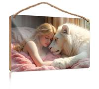 Home Door Hanging A Woman Rests Her Head On A White Lion's Paw Bar Signs for Home Bar Room Accessories for Men(20X30CM)