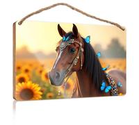 Home Door Hanging Sunflower Field With Decorated Horse And Butterflies Wooden Sign Sign For Front Door Dorm Room Accessories(20X30CM)