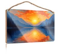 Home Door Hanging Sunset Over A Serene Lake with Mountains in The Background Bar Signs for Home Bar Room Accessories for Men(23X35CM)