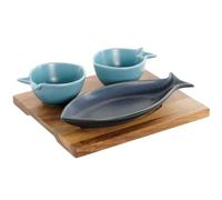 Home ESPRIT Appetizer Set Blue Sky Blue Porcelain Acacia Mediterranean Fish 19.5 x 16.5 x 1.2 cm 4 Pieces