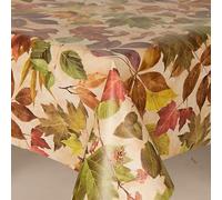 Home Expressions ® Autumn Green Leaves Pvc Wipe Clean Vinyl Table Cloth/Protector Textile Backing, Light Ground with Green Beige Leaves (100cm x 140cm Rectangle)
