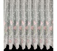 Home Expressions Bella White Lace Floral Net Curtain 48" Drop (122cm) Hand Painted Flowers in Pink with Green Leaves Scallaped border traditional look sold by the metre in width