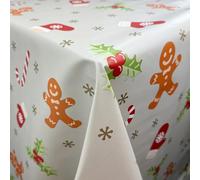 Home Expressions Christmas Tablecloth Grey Gingerbread Man, with Candy Canes and Mistletoe Wipe Clean Vinyl Table Cloth/Protector Textile Backing