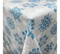 Home Expressions Christmas Tablecloth Silver Grey Ground with Blue Snowflakes, Wipe Clean Vinyl Table Cloth/Protector Textile Backing