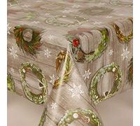 Home Expressions ® Christmas Wreath on a Wooden Oak Effect with Holly, Berries,Stars, Wreaths Pvc Wipe Clean Vinyl Table Cloth/Protector Textile Backing (300cm x 140cm Rectangle)