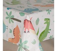 Home Expressions® Dinosaurs Jurrasic Themed Tablecloth with Dinosaurs, Cactus, Flowers, Trees, on a White Ground, Pvc Wipe Clean Vinyl Table Cloth/Protector Textile Backing (150cm x 140cm Rectangle)
