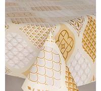 Home Expressions® Persian Gold Ochre Modern Abstract Leaves on a Light Ground with Swirls, Pvc Wipe Clean Vinyl Table Cloth/Protector Textile Backing (150cm x 140cm Rectangle)