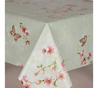 Home Expressions ® Plain Light Green Tablecloth With White and Pink Blossom Flowers and Butterflies Wipe Clean Pvc Oilcloth Water Proof (150cm x 140cm Rectangle)