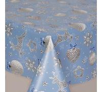 Home Expressions PVC Tablecloth Xmas Sparkle Blue, Christmas Snowflake Stag Deer Hearts Sparkle Star Baubles Bows, Pastel Blue White Silver Textile Backing full roll of 20 metres