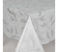 Home Expressions Silver Leaves on a Light Grey Ground Wipe Clean Vinyl Table Cloth/Protector Textile Backing (140cm x 200cm Rectangle)