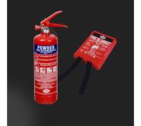 Home Fire Protection Package - 1KG ABC Powder Fire Extinguisher + 1m x 1m Rigid Case Fire Blanket + Photoluminescent Powder ID Sign | Class A B C | BS EN1869 Blanket | Home, Kitchen, Garage, Vehicle