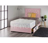 Home Furnishings UK Plush Divan Bed Set with Sprung Memory Mattress and Matching Nina Diamante Headboard (4 Drawers) (4FT Small Double, Pink Plush)