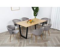 Home Garden Direct Mill Dining Set - Oak Table with 6 Velvet Chairs in Light Grey | Size: 6 Person Home Garden Direct Light Grey 6 Person