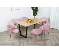Home Garden Direct Mill Dining Set - Oak Table with 6 Velvet Chairs in Light Pink Home Garden Direct Light Pink